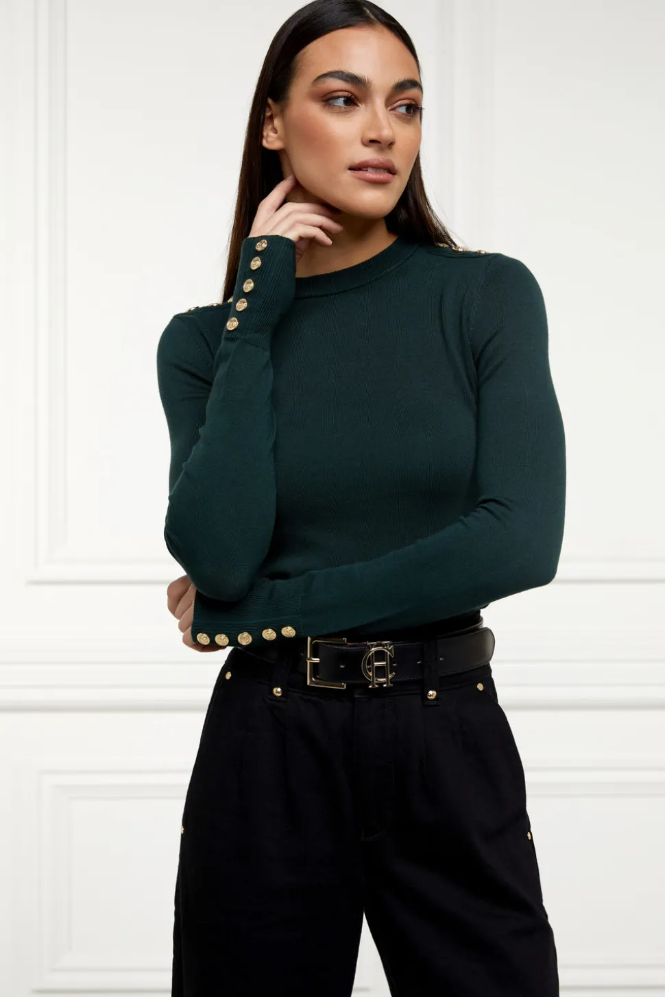 Buttoned Knit Crew Neck