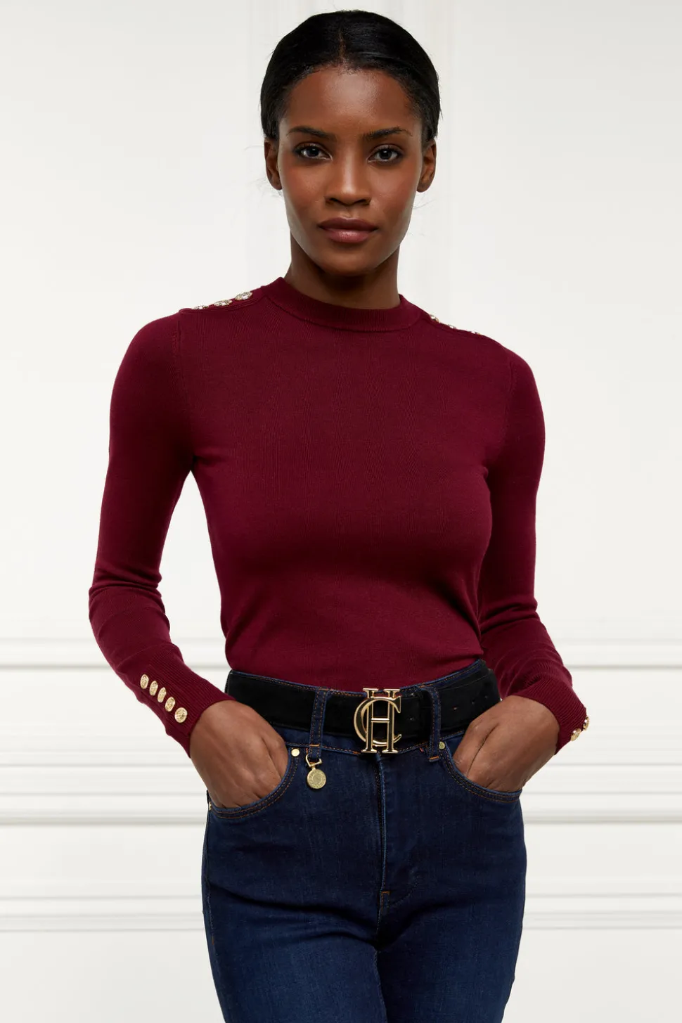 Buttoned Knit Crew Neck