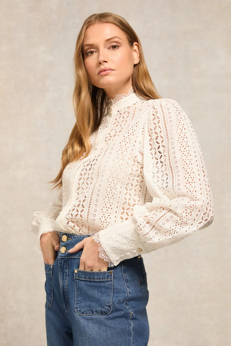 Collarless Broderie Shirt